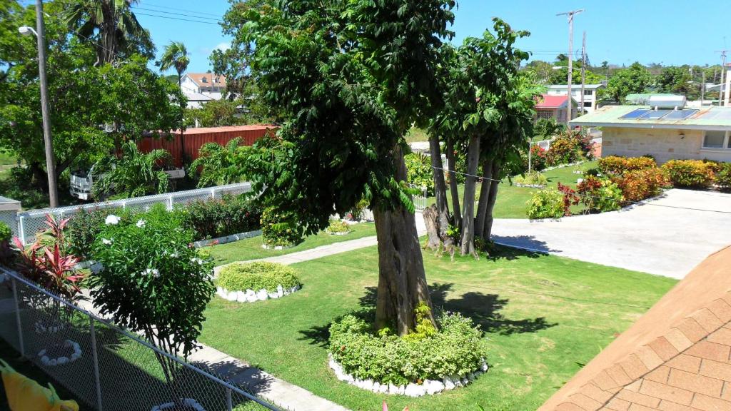 a park with a tree and flowers in the grass at The Monteray Hotel in Christ Church