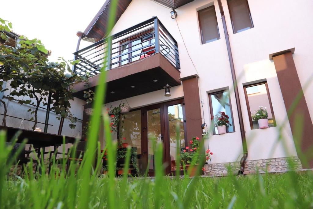 a house with potted plants on the windows at Upstairs Residence in Târgu Jiu