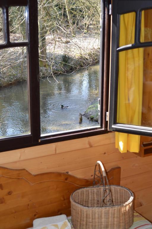 a window with two ducks swimming in a river at La Maison de l'Omignon in Vermand