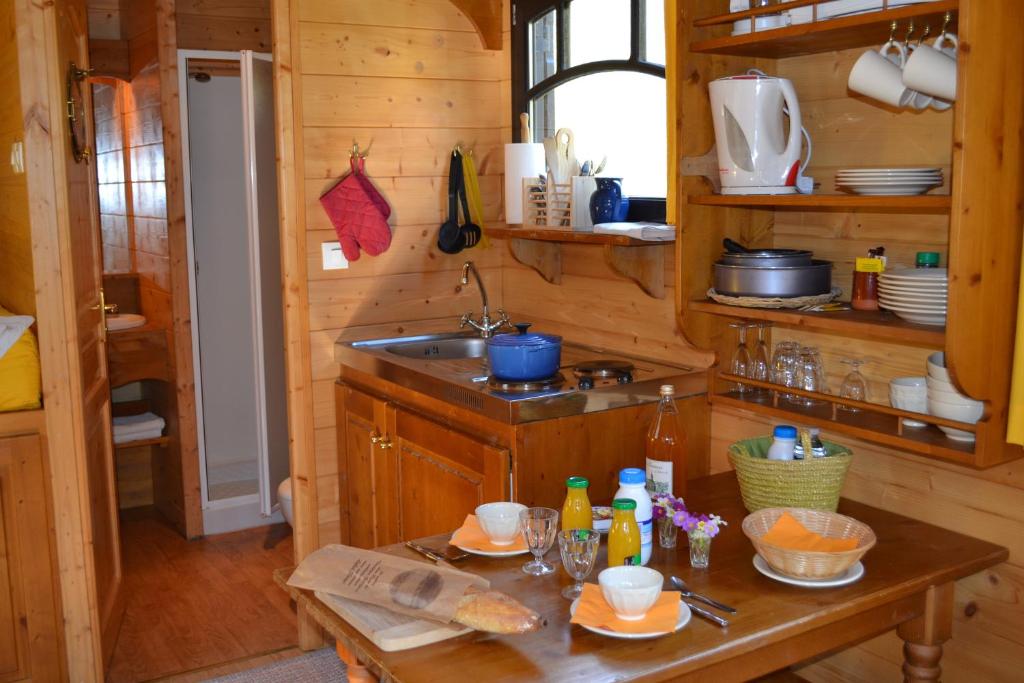 a kitchen with a sink and a table in a cabin at La Maison de l'Omignon in Vermand