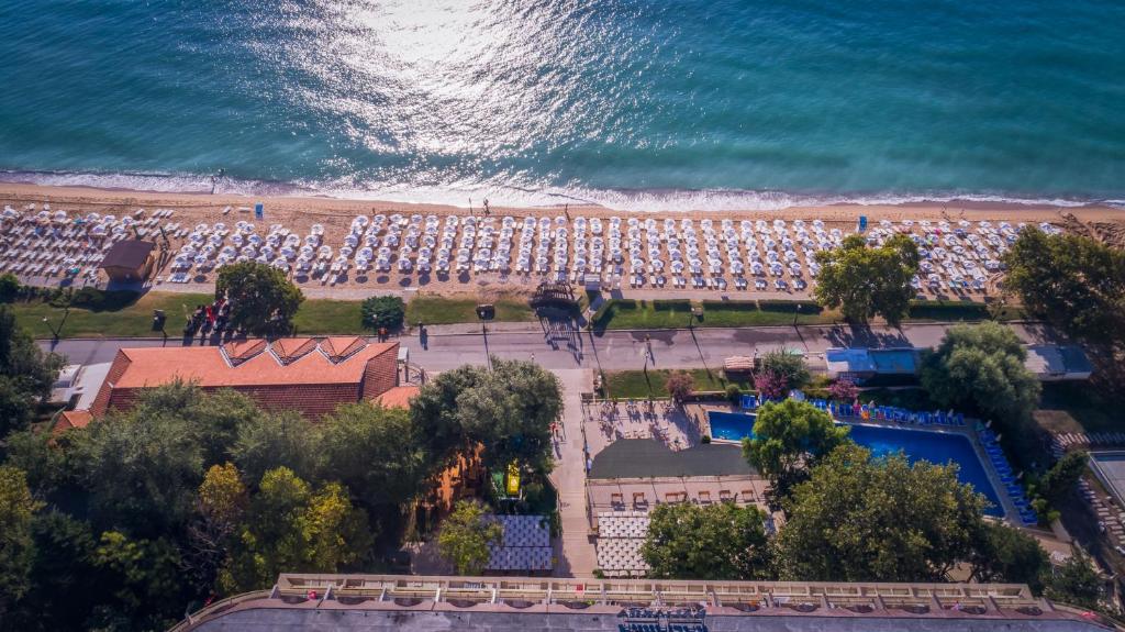 an aerial view of a beach and a pool at ELPIDA Hotel - All Inclusive & Beach Front in Golden Sands