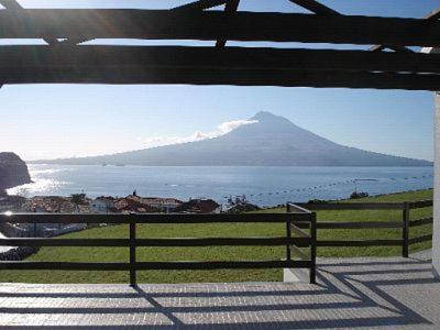 a person sitting on a bench looking at a mountain at Alice´s House in Horta