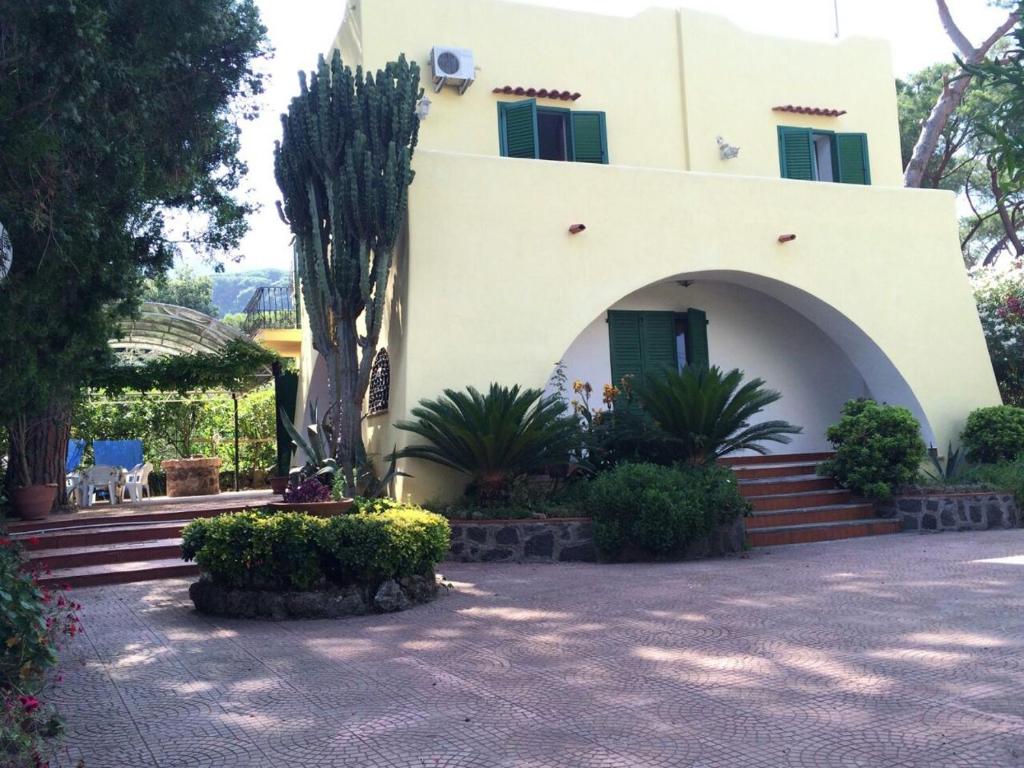 uma casa com uma palmeira em frente em Villa immersa nel verde em Ischia