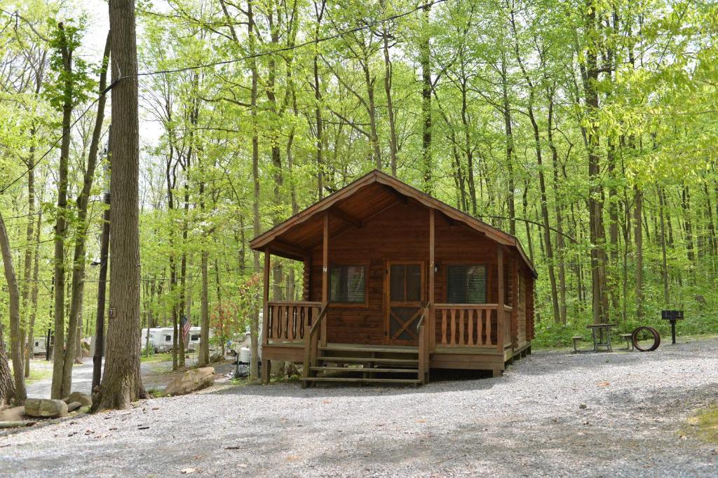 a small wooden cabin in the woods with a picnic table at Sun Valley Campground Cottage 6 in Maple Grove Park