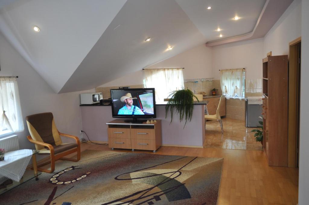 ein Wohnzimmer mit einem Flachbild-TV auf einem Stand in der Unterkunft Casa Diu in Avrig