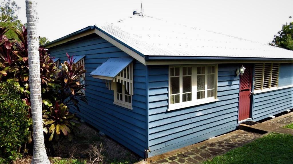 a blue house with a red door and a palm tree at The Blue House Yungaburra in Yungaburra
