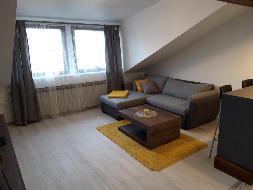 ein Wohnzimmer mit einem Sofa und einem Couchtisch in der Unterkunft Apartman Mohenski in Zagreb