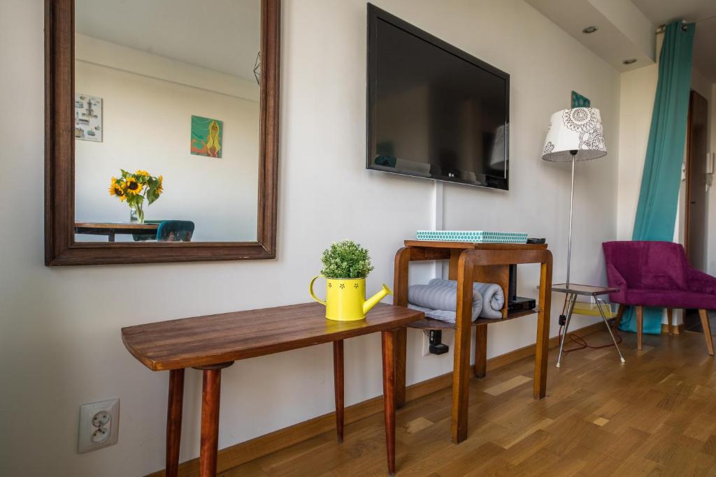 TV a/nebo společenská místnost v ubytování WSTApartments Salezego 6 Apartament z widokiem na Stadion Narodowy