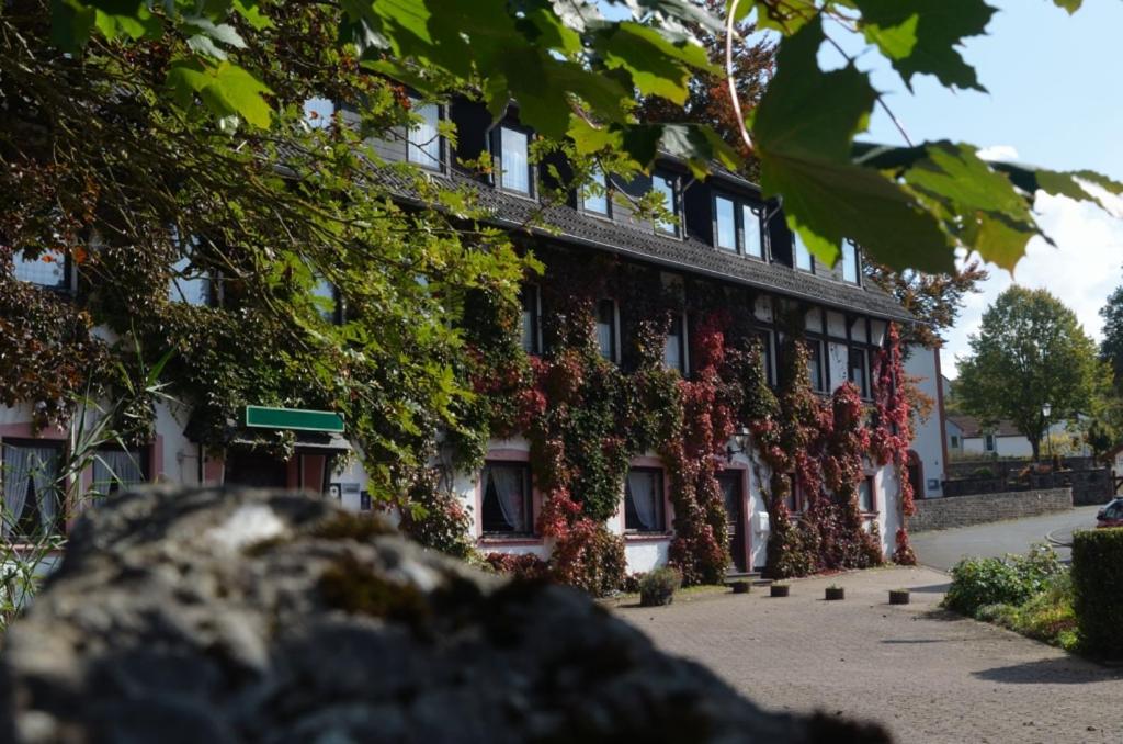 un edificio con flores a un lado. en Niedereher Mühle, en Niederehe