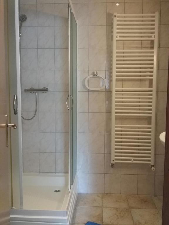 a shower with a glass door in a bathroom at Waldeck Apartment 1 in Kampor