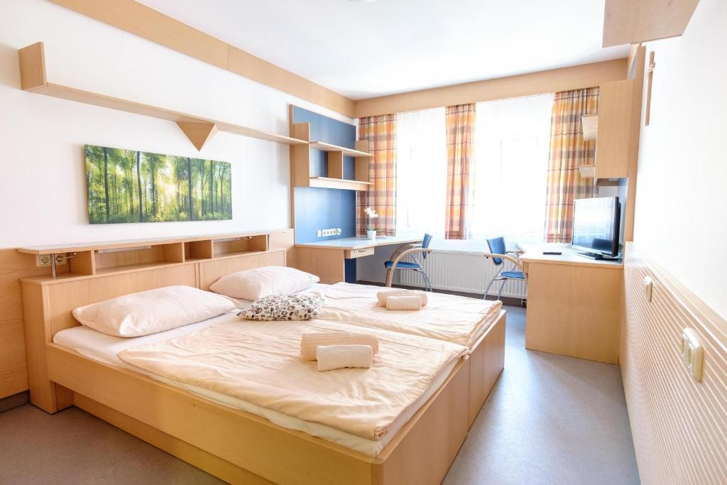 ウィーンにあるソマーホテル ドン ボスコのベッドルーム1室(ベッド1台、デスク付)