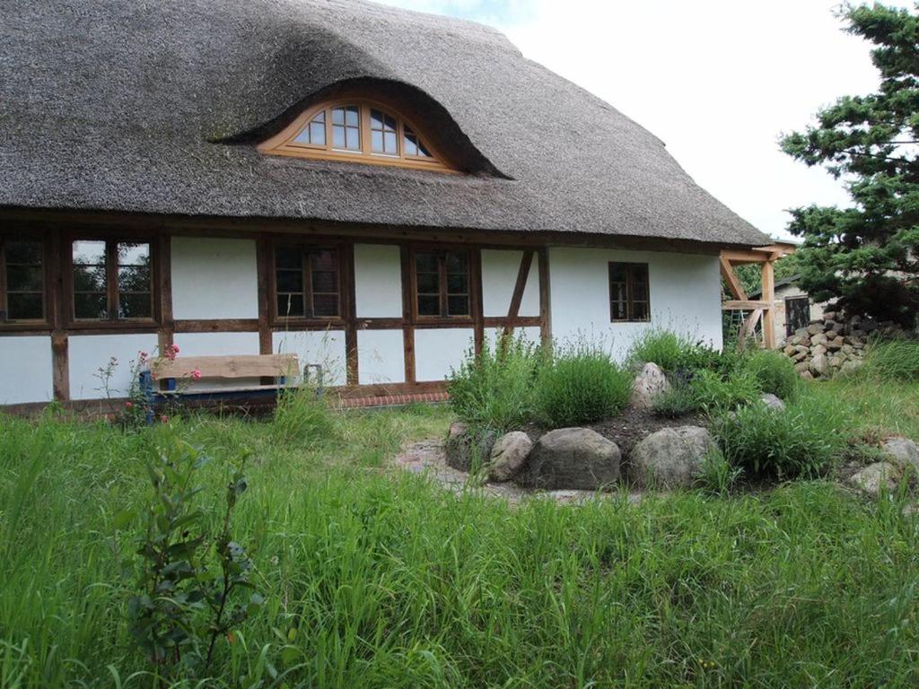a house with a thatched roof and some grass at Eulenhof Vorpommern in Rossin