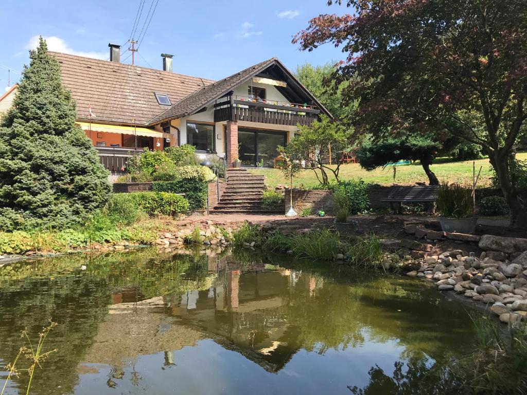 a house with a pond in front of it at Ferienwohnung Seerose Bad Wildbad i. Schwarzwald in Bad Wildbad