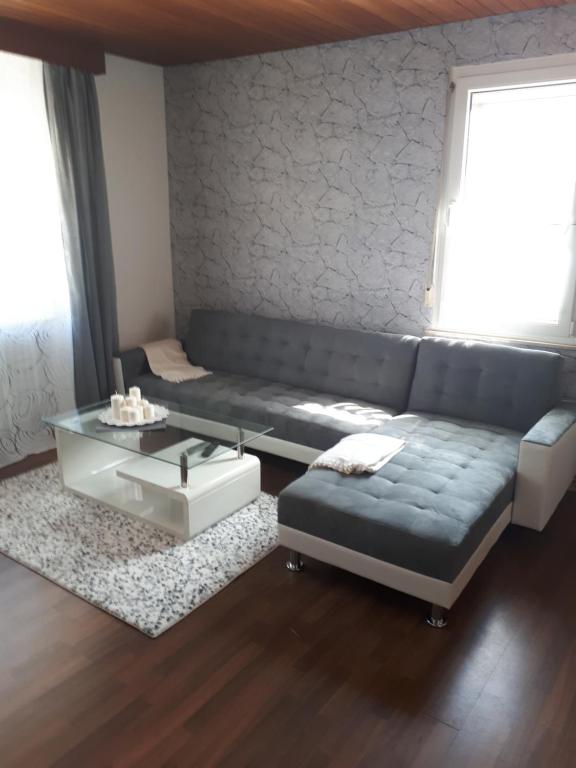 Ferienwohnung Frank في Merzalben: غرفة معيشة مع أريكة وطاولة قهوة