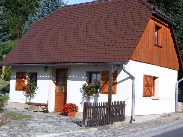 a small white house with a brown roof at Alter Pferdestall in Hainewalde