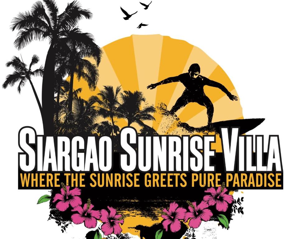 a surfer riding a wave on a surfboard in the sunset at Siargao Sunrise Villa in General Luna