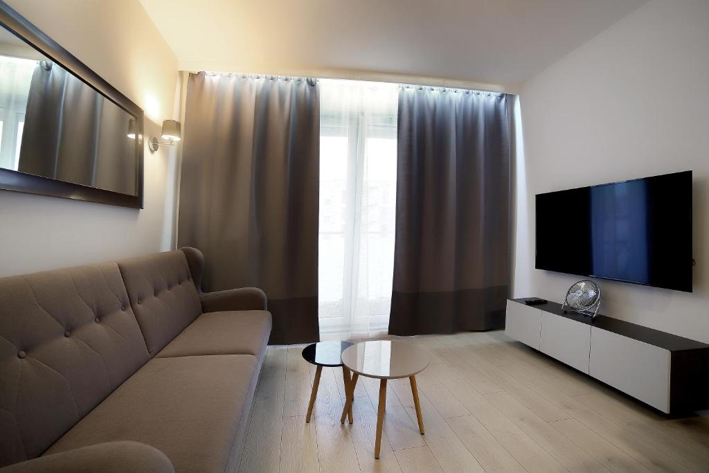 a living room with a couch and a flat screen tv at Calamo Park, Apartamenty z klimatyzacją in Olsztyn