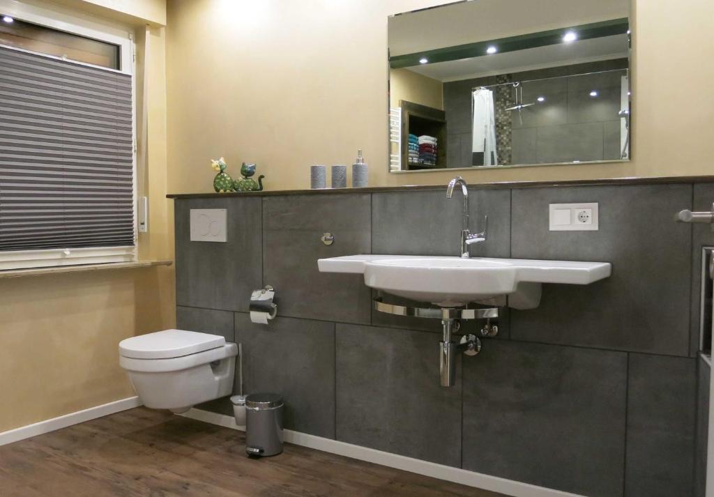 ein Badezimmer mit einem Waschbecken, einem WC und einem Spiegel in der Unterkunft Sauerland Juwel in Olsberg
