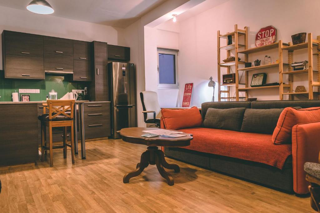 Cozy Flat City Center في نيقوسيا: غرفة معيشة مع أريكة ومطبخ