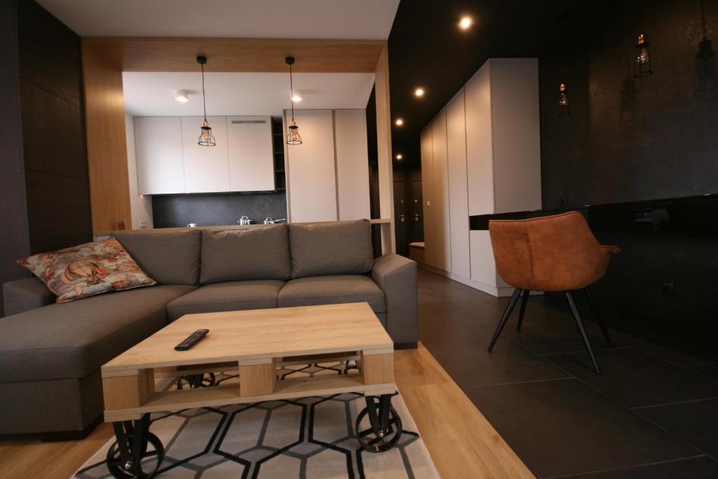 uma sala de estar com um sofá e uma mesa de centro em APARTAMENT ZAGNAŃSKA - Garaż em Kielce