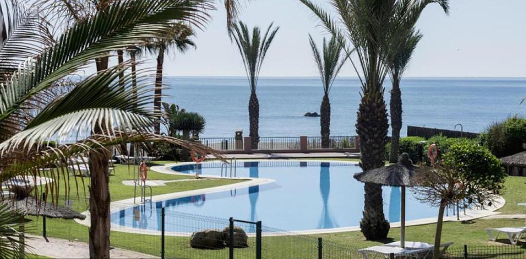 a swimming pool with palm trees and the ocean at CN-340 Suites in Estepona