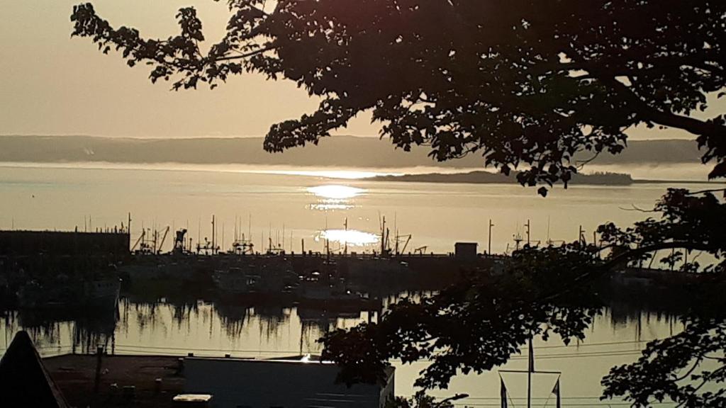 a sunset over a harbor with boats in the water at Hillside Landing B&B in Digby