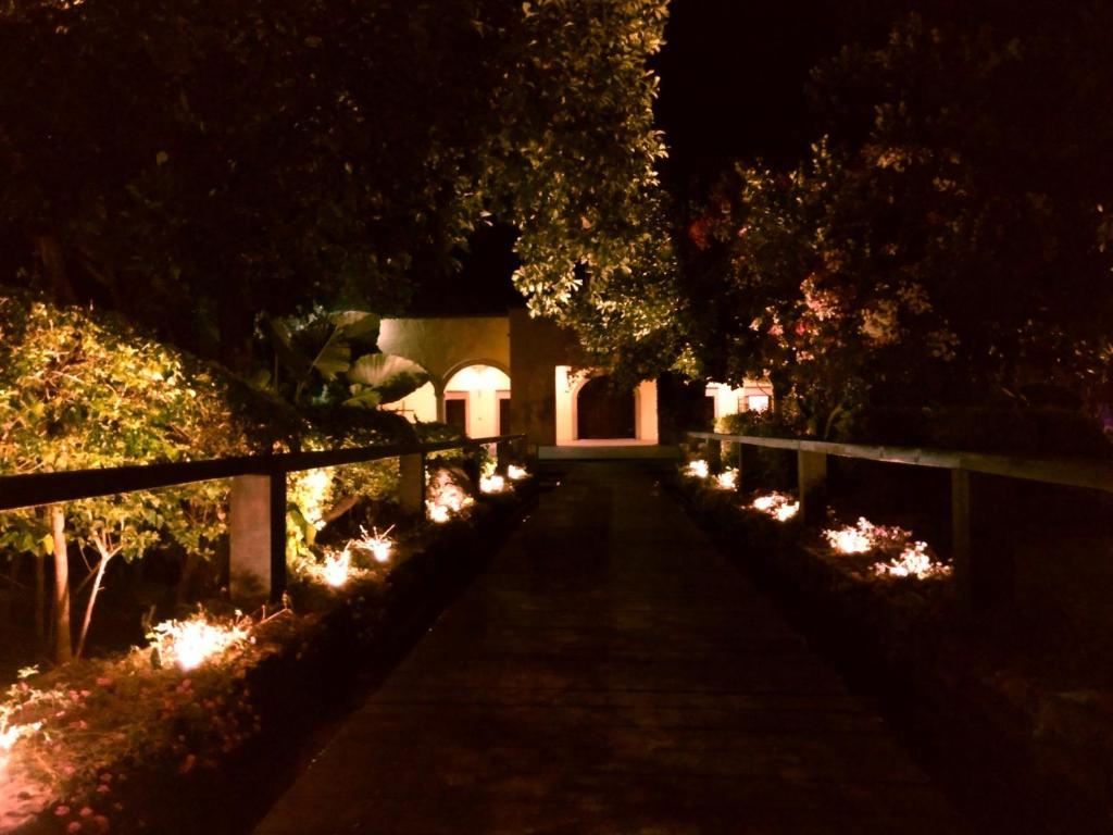 un camino que conduce a una casa por la noche con luces en Casa de las Luciérnagas en Alpuyeca