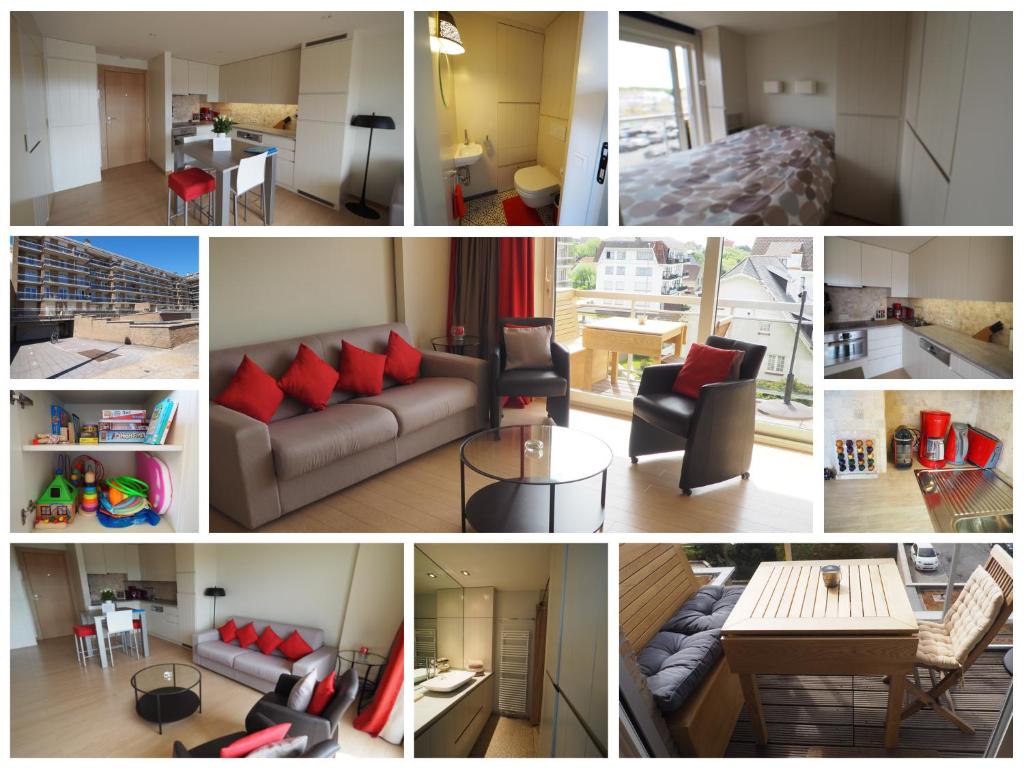 een collage van foto's van een woonkamer en keuken bij Appartement sur la digue - De Haan - Le Coq - Silver Beach D2 in De Haan