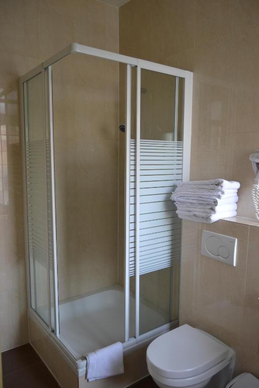 a shower stall in a bathroom with a toilet at Hotel Albert II Oostende in Ostend