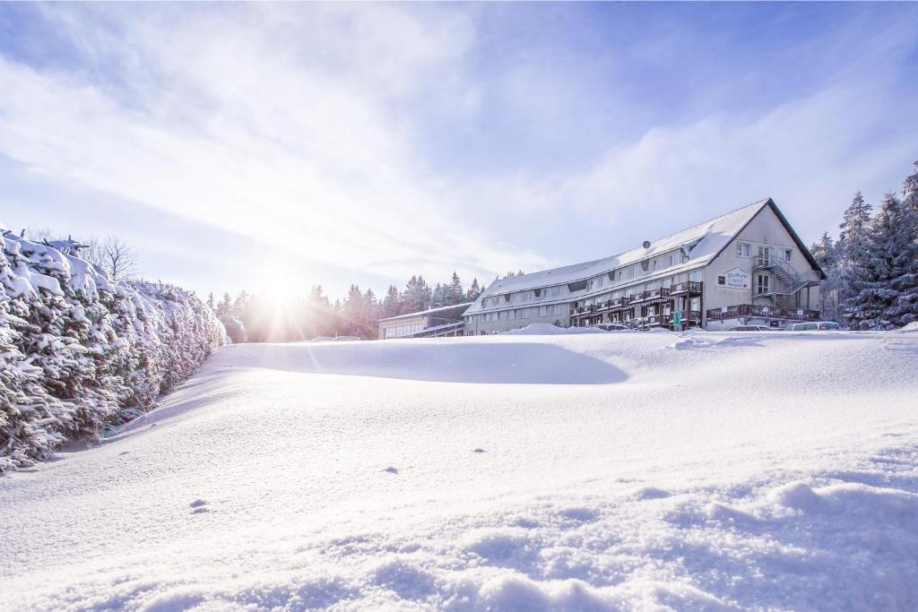 een sneeuwbedekte tuin met een gebouw op de achtergrond bij WAGNERS Sporthotel Oberhof in Oberhof