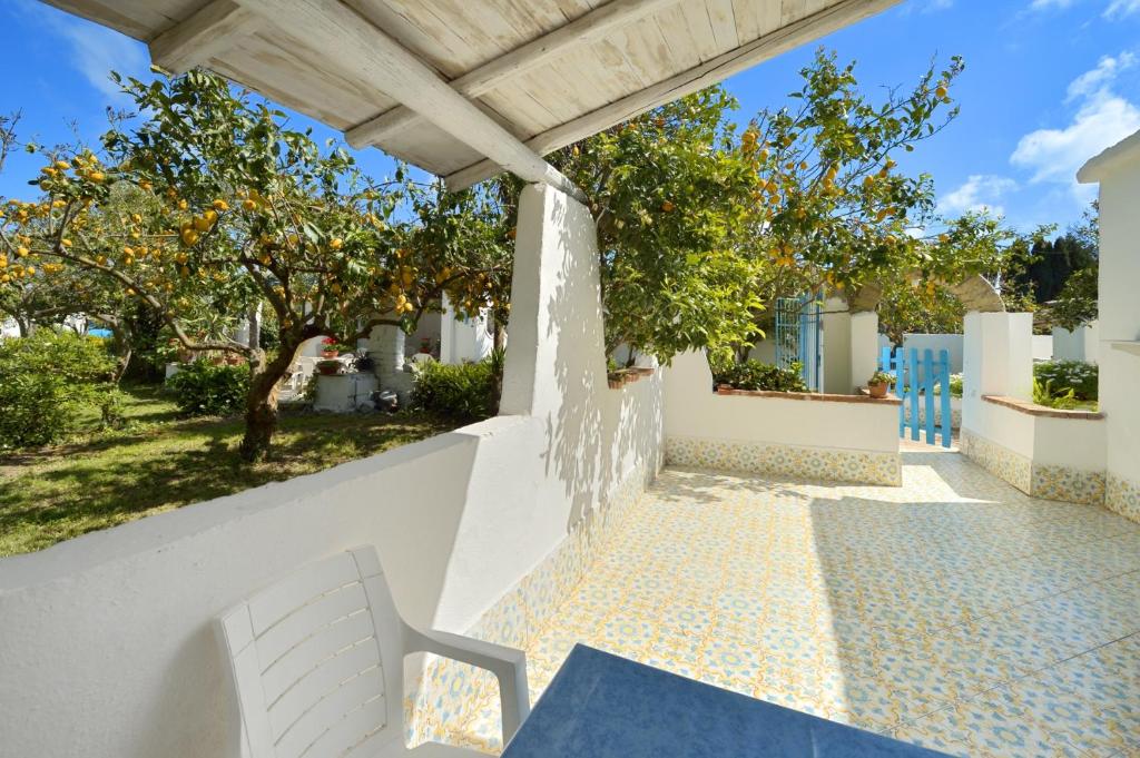 a patio with a table and chairs and trees at Le Querce in Procida