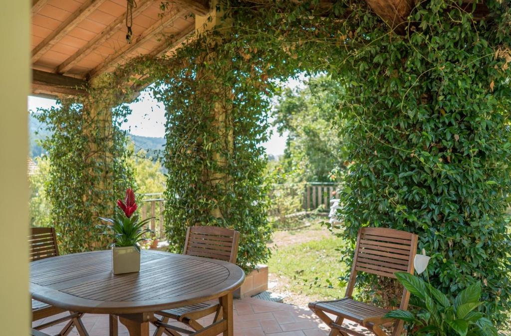 einen Tisch und Stühle auf einer Terrasse mit einer Efeu-Wand in der Unterkunft Florence Country Cottage in Vaglia