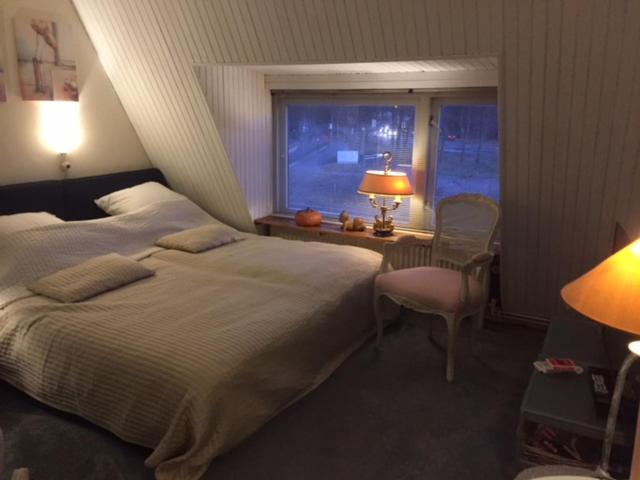 a bedroom with a large bed and a window at Gezellige zolder in Wassenaar met dakterras in Wassenaar