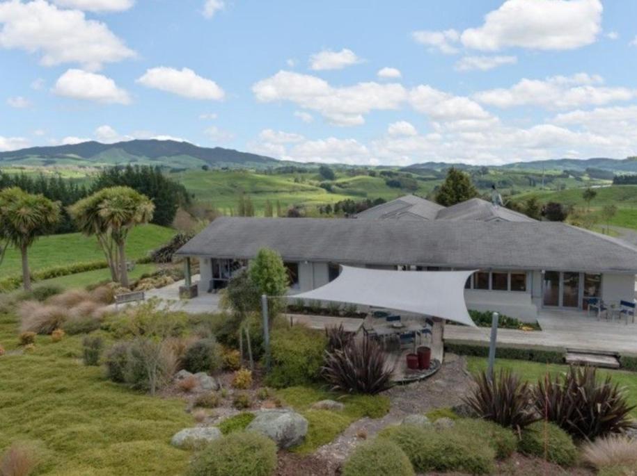 an aerial view of a house with a garden at Above the River Karapiro Bed & Breakfast in Karapiro