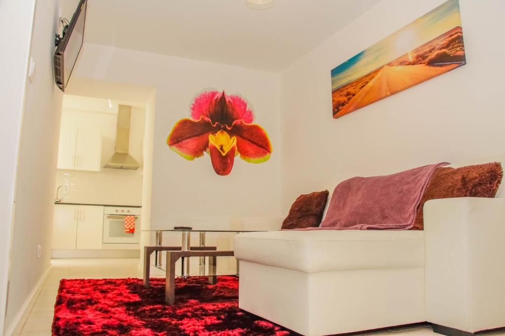 sala de estar con sofá blanco y alfombra roja en Holiday Home Funchal Center en Funchal
