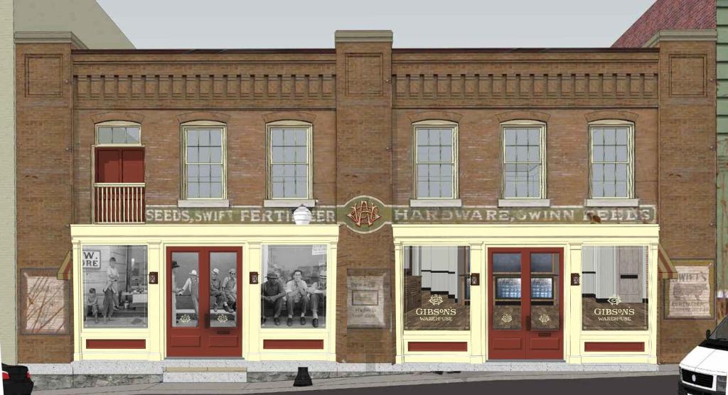 a rendering of the front of a brick building at Gibson's Warehouse in Staunton