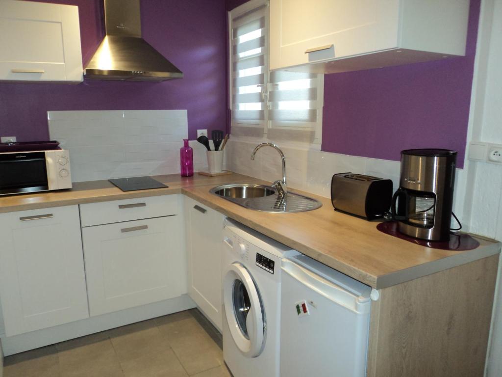 a kitchen with a sink and a washing machine at Vllla Reva in Argelès-sur-Mer