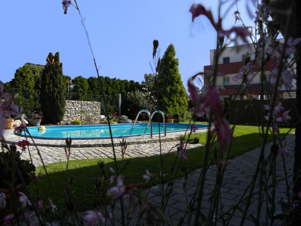 a swimming pool in a yard with purple flowers at Appartement Ferienhaus Sonnenhain in Sollenau