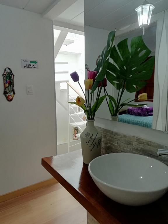 a bathroom with a vase with flowers on a counter at Elizabetha Hostal in Salento