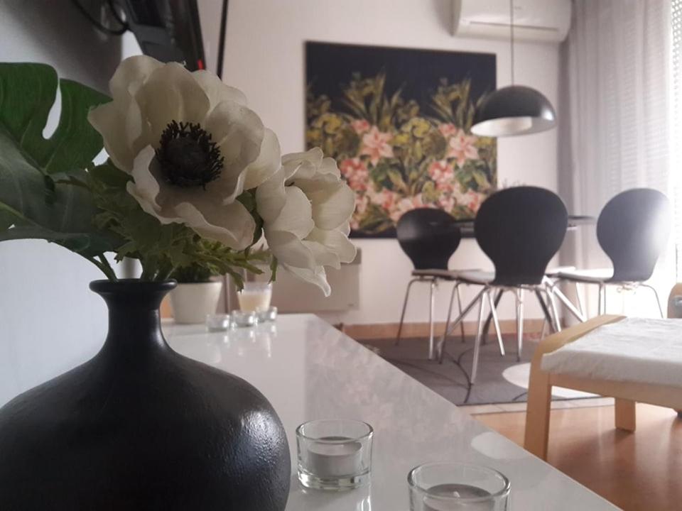 a black vase with a white flower on a table at Apartman VEGA in Vukovar