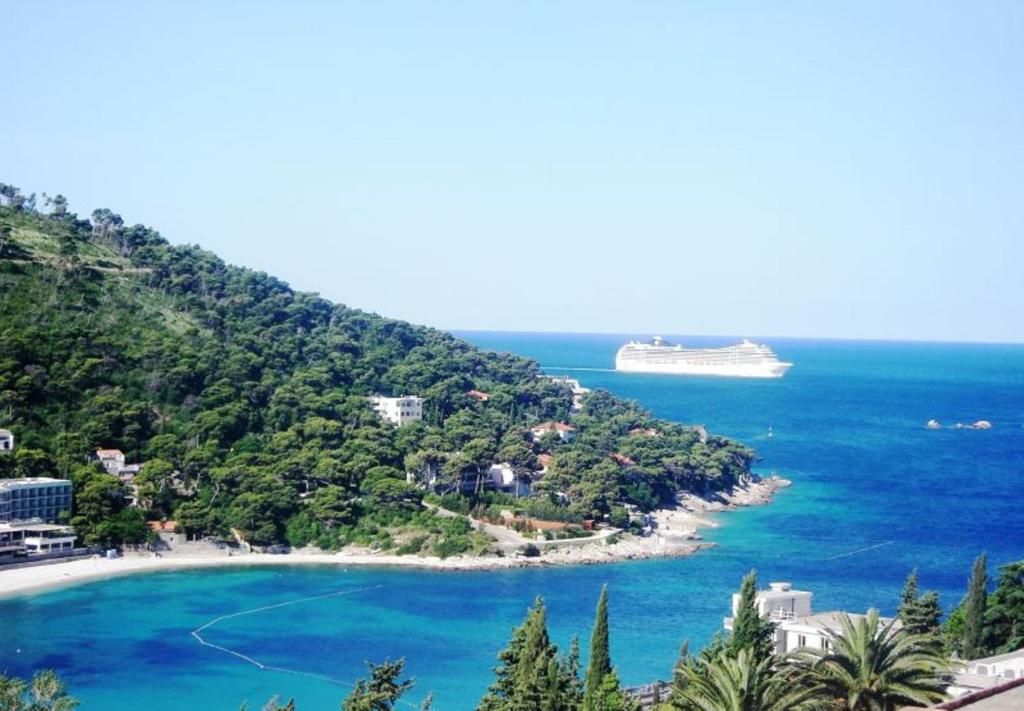 a cruise ship in the ocean with a beach at Apartment Pavo in Dubrovnik