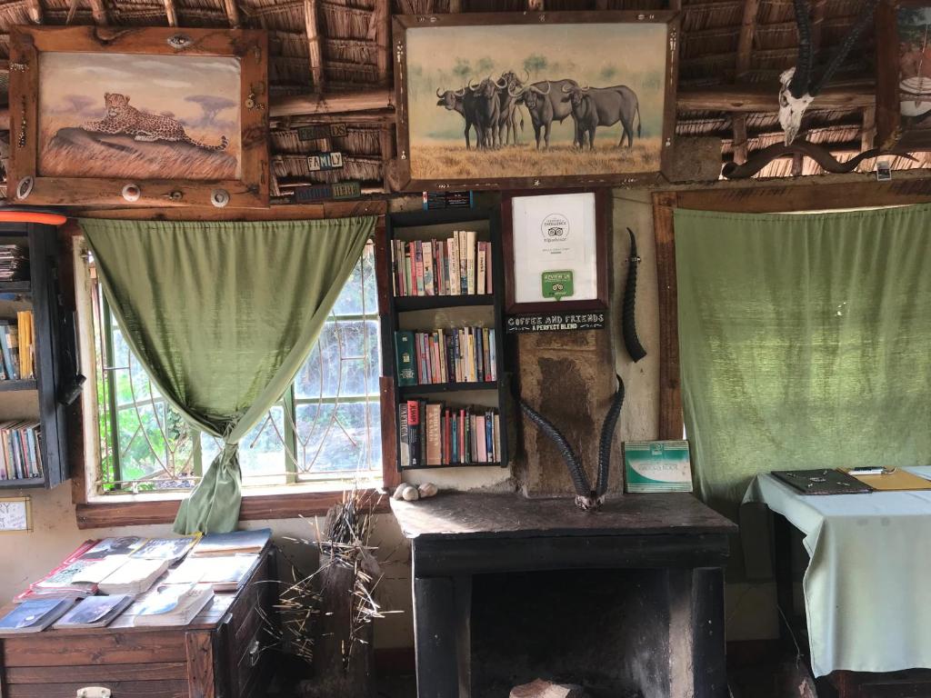 a room with a fireplace and book shelves with books at Maasai Simba Camp in Amboseli