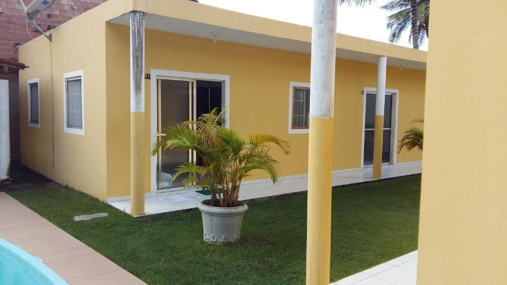 a yellow house with a palm tree in front of it at marés de milagres in São Miguel dos Milagres