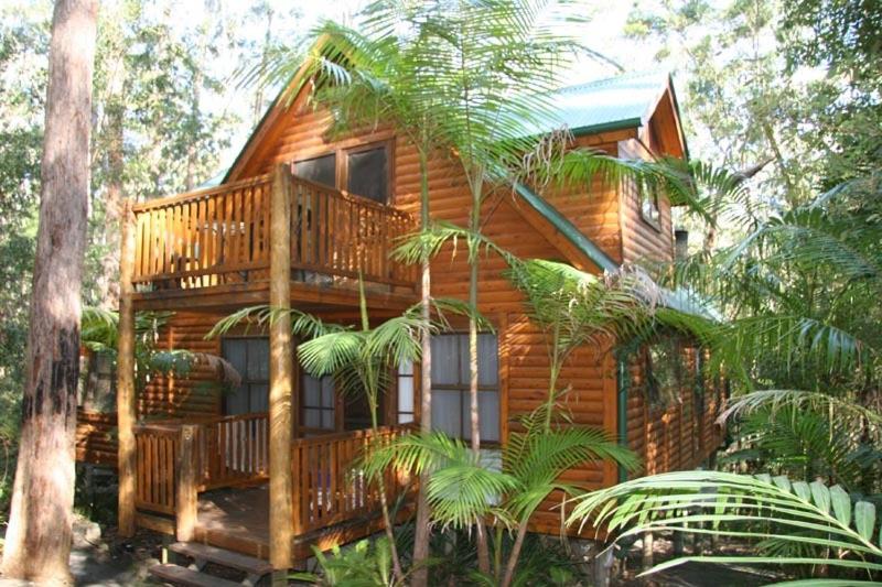 Cabaña de madera con balcón en el bosque en Springbrook Mountain Chalets, en Springbrook