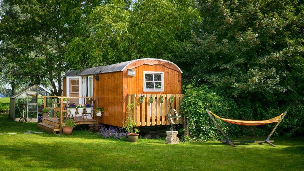 een tiny house in een yard met een hangmat bij B&B Hetvrijdagsgevoel in Sneek