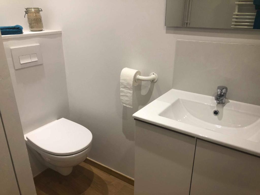 une salle de bain blanche avec des toilettes et un lavabo dans l'établissement La cabine de Loire, à Saint-Satur