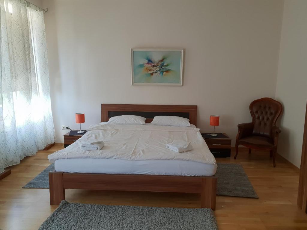 a bedroom with a bed and a chair at Waldshut-Zentrum in Waldshut-Tiengen