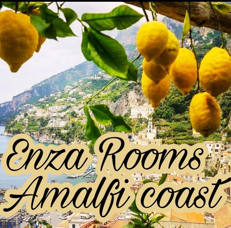 a view of amalfi coast with a bunch of oranges hanging from a tree at ENZA ROOM'S AMALFI COAST affittacamere in Amalfi