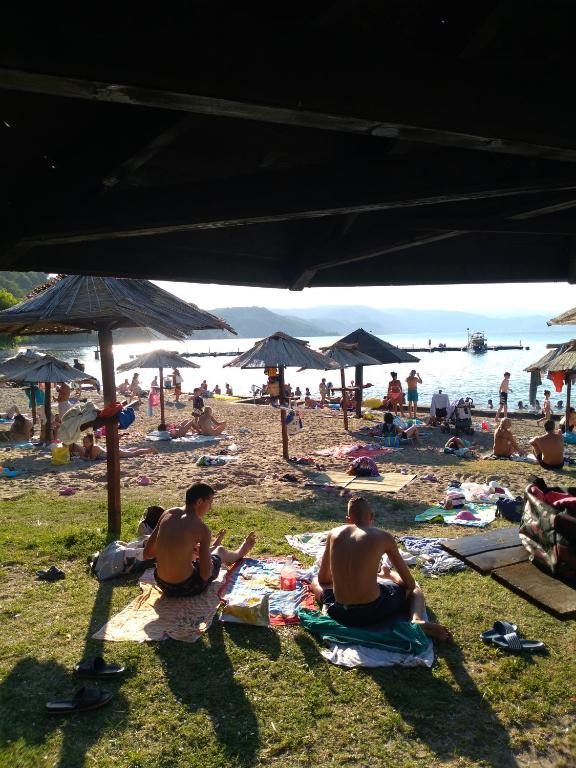 a group of people sitting on a beach with umbrellas at Hostel Trajan in Donji Milanovac