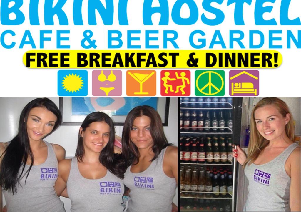 um panfleto para um café inglês e uma esplanada-cervejaria em Bikini Hostel, Cafe & Beer Garden em Miami Beach